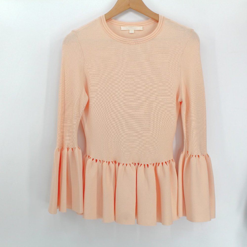 Jonathan Simkhai Stretch Knit Bell Sleeve Peplum Top Blush Cut Out Jewel Neck - Picture 4 of 13
